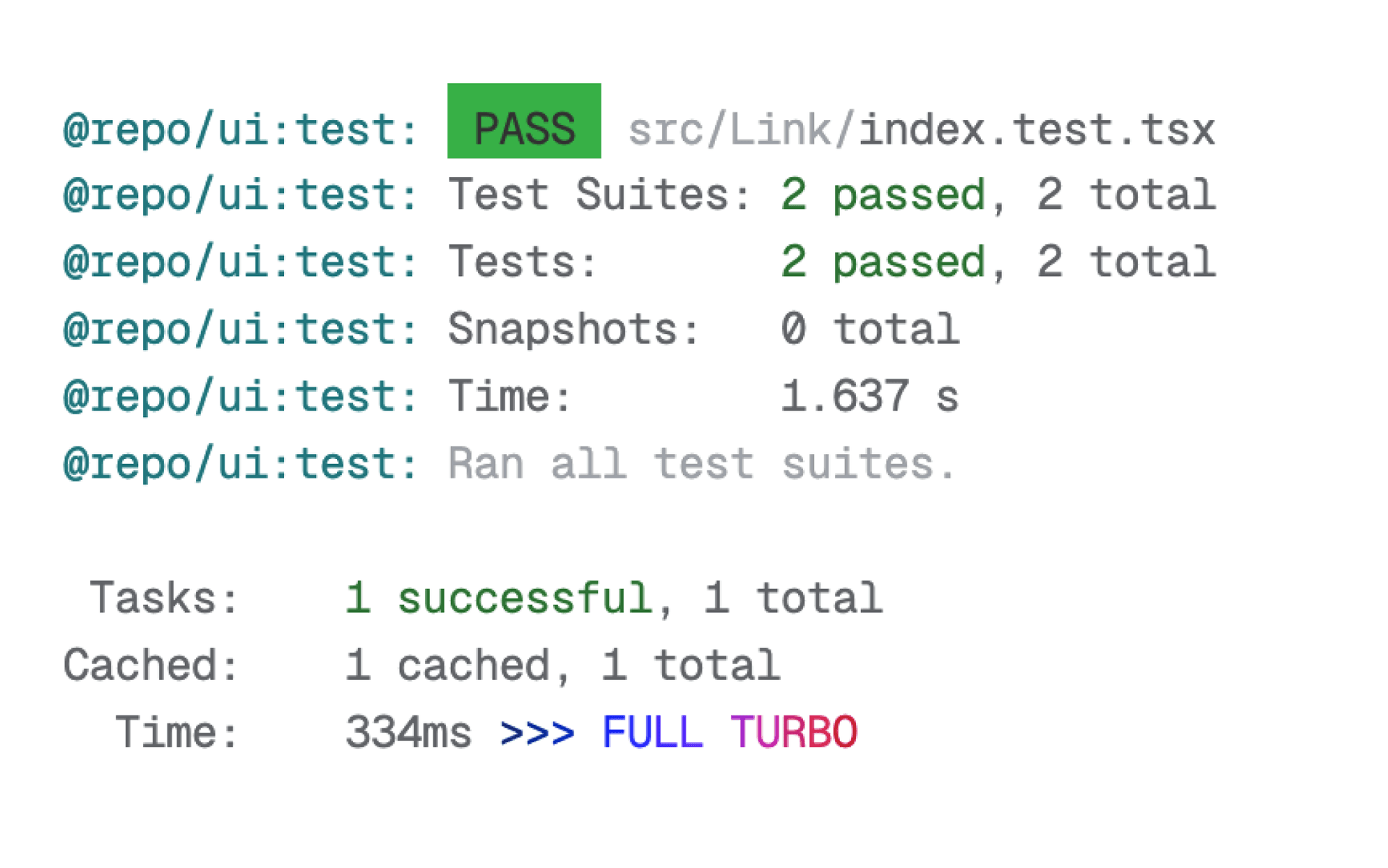 A screenshot of a terminal running a `turbo` task with colors from the underlying shell logs.