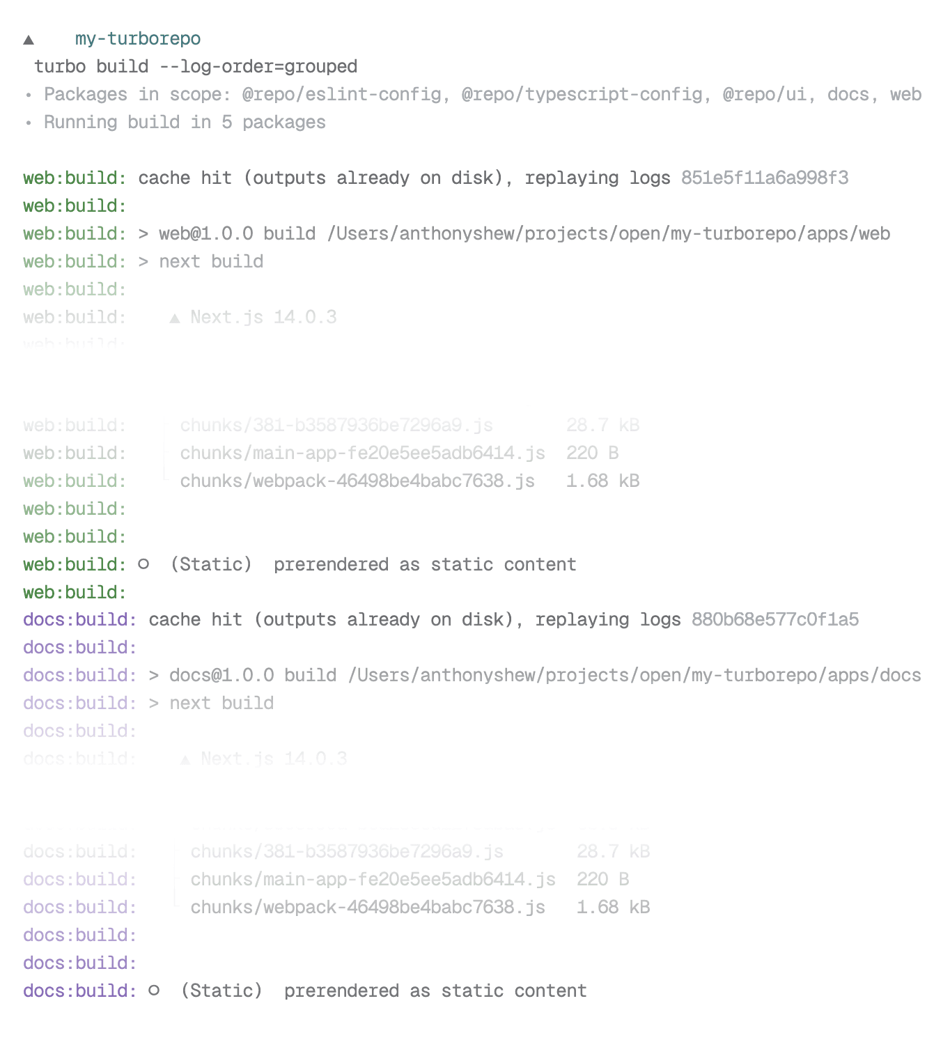 Using `--log-order=grouped` to output task logs to the terminal as separated chunks separated by task.